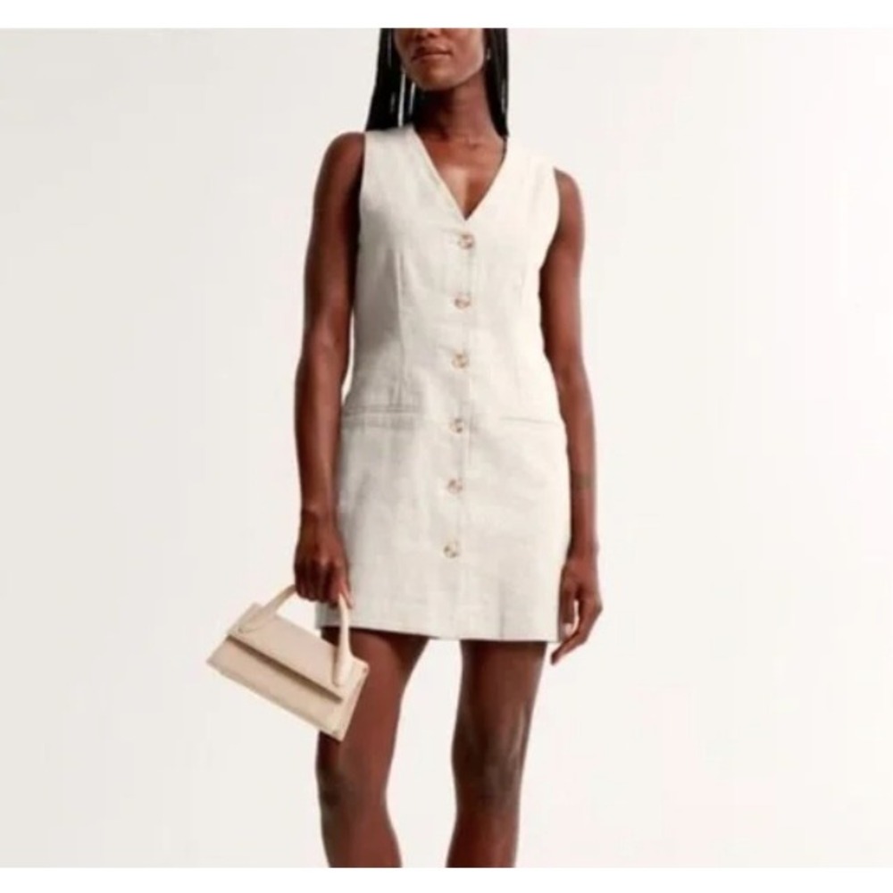 Abercrombie‎ & Fitch Tan Linen Blend Button Front Mini Dress Large Sleeveless